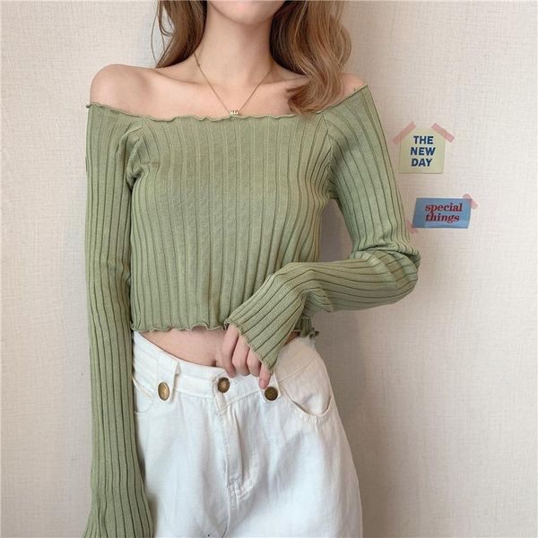 women's sweaters long sleeve slash neck off shoulder pullovers knitted women sweater autumn style korean clothes fashion brand crop top, White;black
women's sweaters long sleeve slash neck off shoulder pullovers knitted women sweater autumn style korean clothes fashion brand crop top, White;black