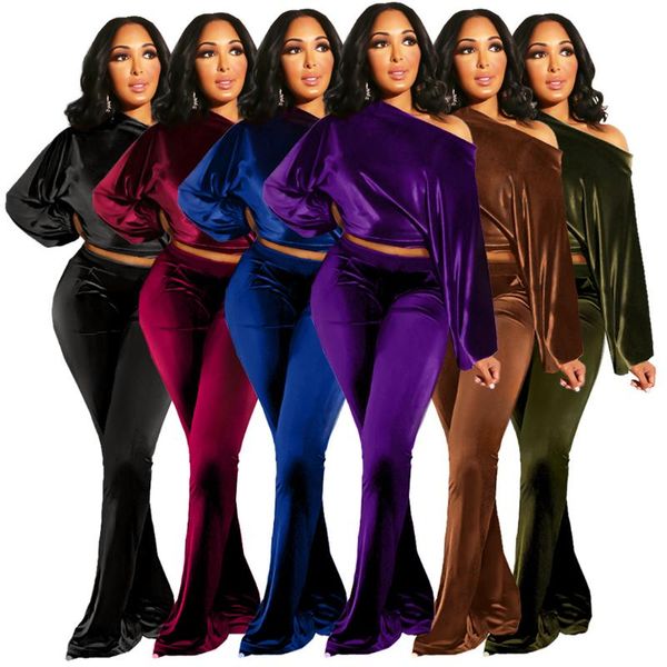 women's two piece pants casual set 2021 autumn velvet slash neck long sleeves fashion loose flare lady outfits nightclub, White 
women's two piece pants casual set 2021 autumn velvet slash neck long sleeves fashion loose flare lady outfits nightclub, White