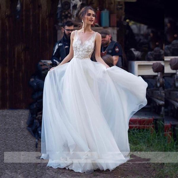 summer boho long wedding dresses bridal gowns backless straps tulle lace vestido de novia a line bride dress, White
summer boho long wedding dresses bridal gowns backless straps tulle lace vestido de novia a line bride dress, White