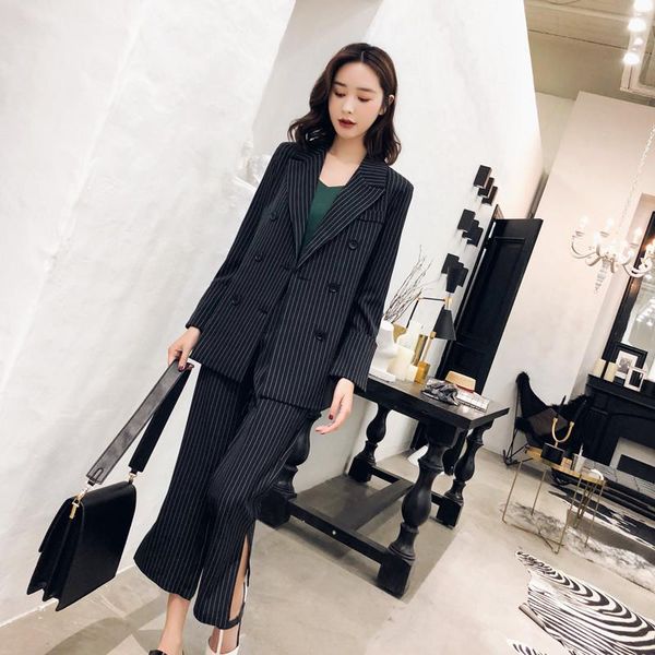 women's suits & blazers ol fashion elegant black stripe slim double-breasted professional suit female two-piece long pant, White;black
women's suits & blazers ol fashion elegant black stripe slim double-breasted professional suit female two-piece long pant, White;black