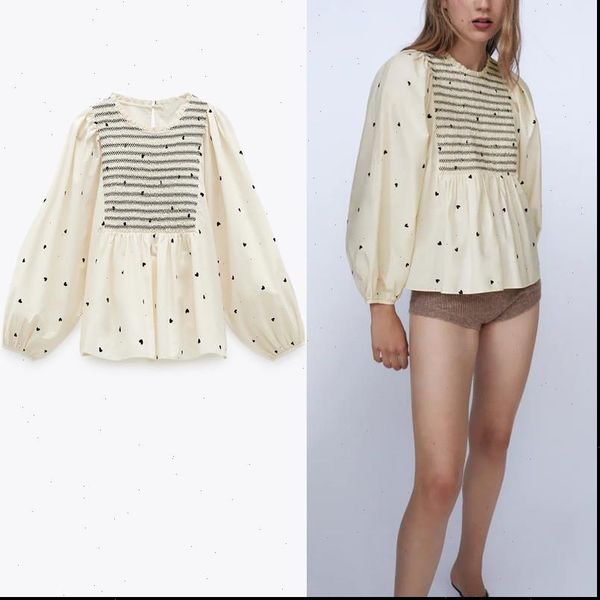 women shirts za heart print blouse o neck long balloon sleeve woman chic back opening smock female elegant poplin top, White
women shirts za heart print blouse o neck long balloon sleeve woman chic back opening smock female elegant poplin top, White