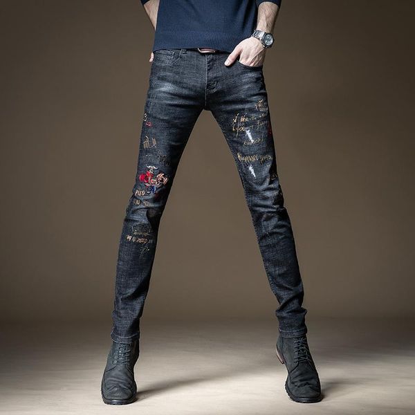 men's jeans black men fashion embroidery stretch denim streetwear distressed straight slim fit pants 4cp2, Blue
men's jeans black men fashion embroidery stretch denim streetwear distressed straight slim fit pants 4cp2, Blue