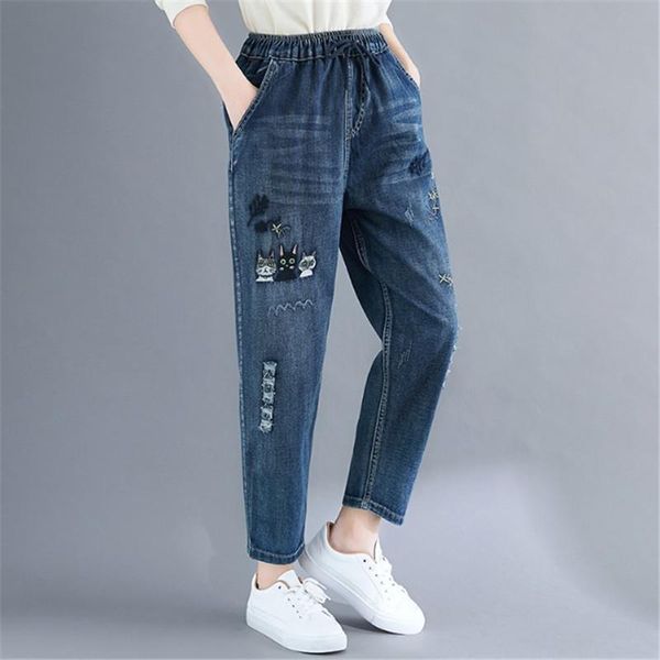 large size pants with holes in the tide casual high waist nine minutes loose embroidered elastic denim halon women's & capris, Black;white
large size pants with holes in the tide casual high waist nine minutes loose embroidered elastic denim halon women's & capris, Black;white