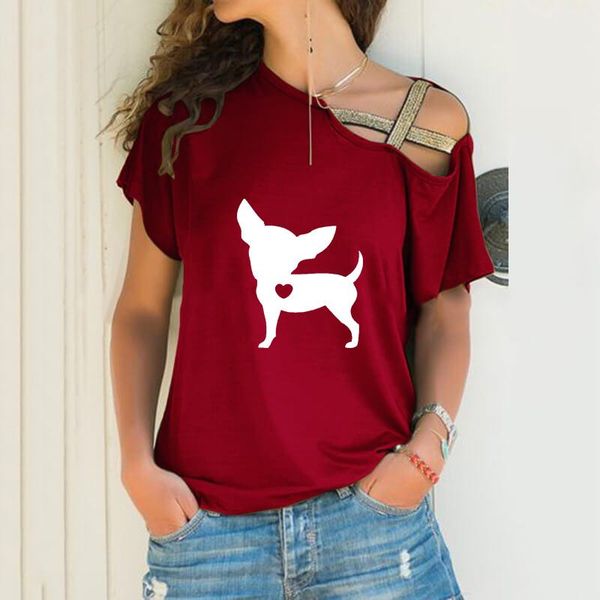 women's t-shirt chihuahua dog heart cartoon print loose irregular women skew neck cross bandage for female art lover gift, White
women's t-shirt chihuahua dog heart cartoon print loose irregular women skew neck cross bandage for female art lover gift, White