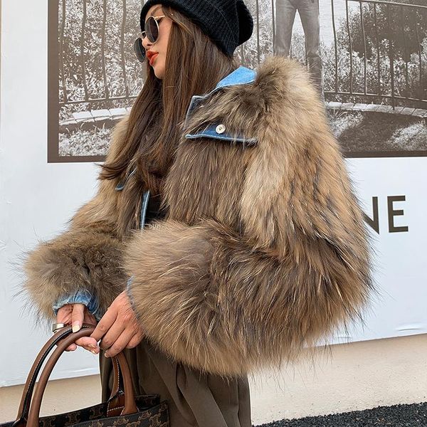 women's fur & faux rf20138 short style knitted real raccoon jacket with jeans collar long sleeve, Black
women's fur & faux rf20138 short style knitted real raccoon jacket with jeans collar long sleeve, Black