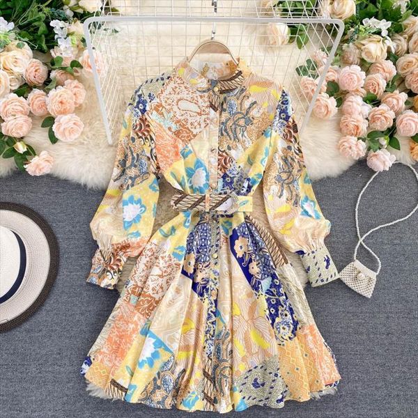 runway fashion print vintage elegant women dress stand collar long sleeve mini shirt with belt, Black;gray
runway fashion print vintage elegant women dress stand collar long sleeve mini shirt with belt, Black;gray