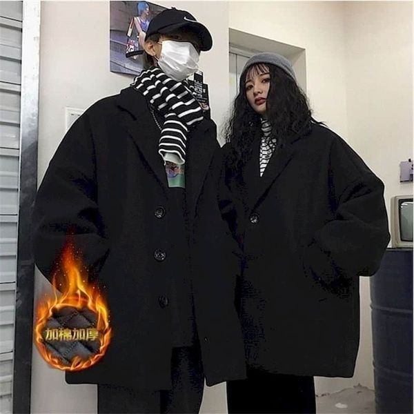 cotton thick coat high street female student autumn winter korean loose men women harajuku suits long black retro woolen coat 211104
cotton thick coat high street female student autumn winter korean loose men women harajuku suits long black retro woolen coat 211104