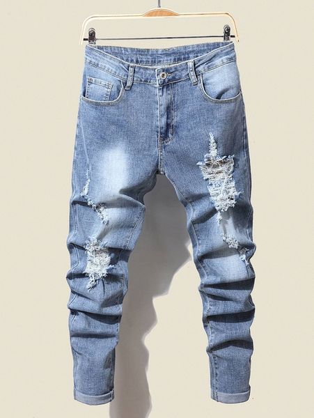 men bleach wash ripped frayed jeans c1e7#, Blue