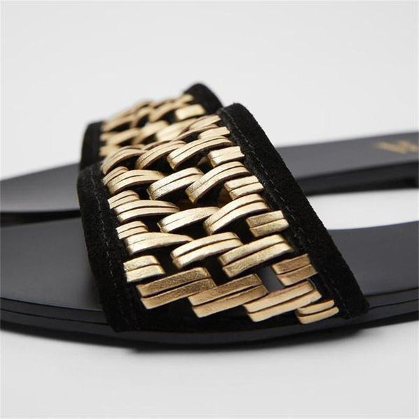 slippers zar women's shoes 2021 summer gold woven flat women, Black