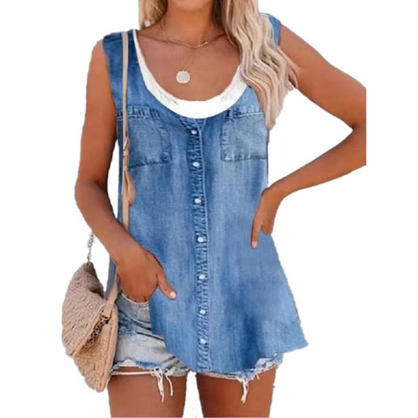 women's t-shirt summer imitation denim print women tshirt fashion sleeveless basic casual streetwear tees female, White
women's t-shirt summer imitation denim print women tshirt fashion sleeveless basic casual streetwear tees female, White