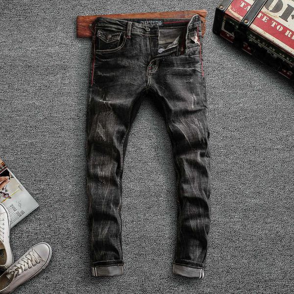italian style fashion men jeans retro black gray slim fit ripped denim pants vintage designer cotton long trousers, Blue
italian style fashion men jeans retro black gray slim fit ripped denim pants vintage designer cotton long trousers, Blue
