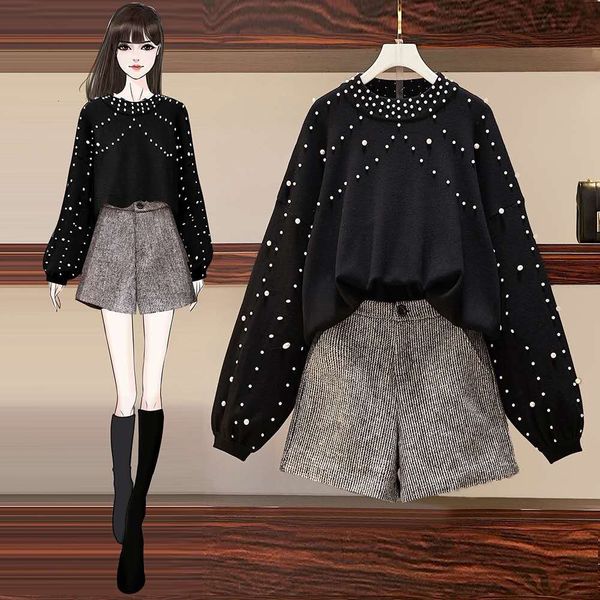 pants autumn winter two piece women pearls beading loose knitted sweater + woolen pocket shorts suit mini pant set, White
pants autumn winter two piece women pearls beading loose knitted sweater + woolen pocket shorts suit mini pant set, White