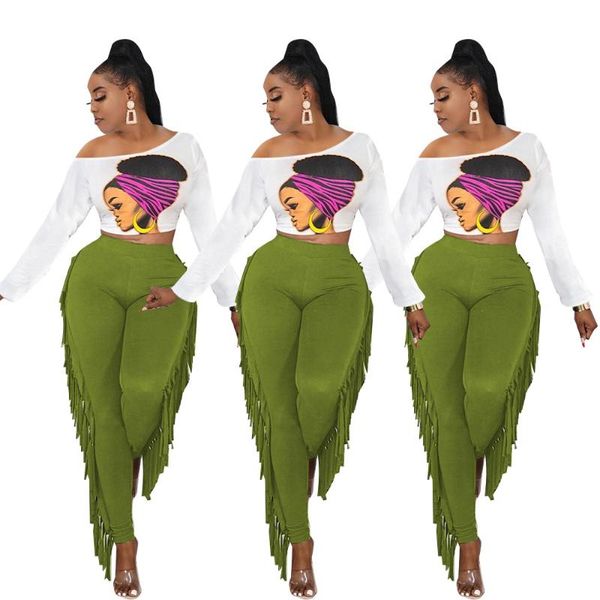 women's two piece pants street wear set women digital positioning pattern oblique shoulder fashion tassel suits wholesale, White
women's two piece pants street wear set women digital positioning pattern oblique shoulder fashion tassel suits wholesale, White