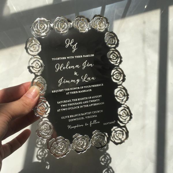 greeting cards 100pieces per lot 5x7inch hollow rose flower golden mirror/silver mirror acrylic wedding invitation with engraved letters
greeting cards 100pieces per lot 5x7inch hollow rose flower golden mirror/silver mirror acrylic wedding invitation with engraved letters