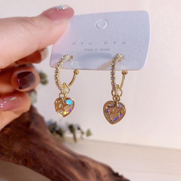 hoop & huggie 2021 peach heart rhinestone star earrings pendant s925 silver needle jewelry for women girl holiday gift, Golden;silver