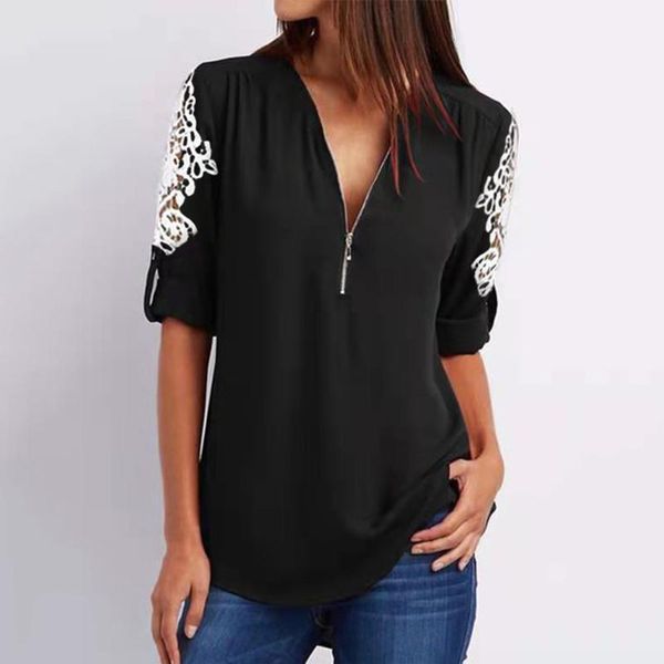 women's blouses & shirts 40# zipper v-neck lace blouse women short sleeve solid color office lady elegant clothing 2021 blusas, White
women's blouses & shirts 40# zipper v-neck lace blouse women short sleeve solid color office lady elegant clothing 2021 blusas, White