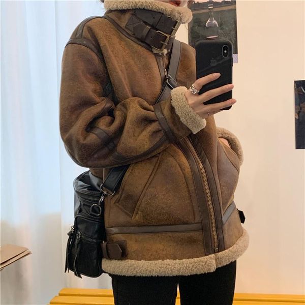 women's wool & blends loose lamb fur coat thick motorcycle leather jacket warm retro streetwear winter 2021, Black
women's wool & blends loose lamb fur coat thick motorcycle leather jacket warm retro streetwear winter 2021, Black