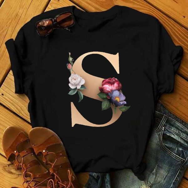 women's t-shirt girls name tee summer fashion short sleeve 26 english letters flowers printed women black tshirts abcde, White
women's t-shirt girls name tee summer fashion short sleeve 26 english letters flowers printed women black tshirts abcde, White
