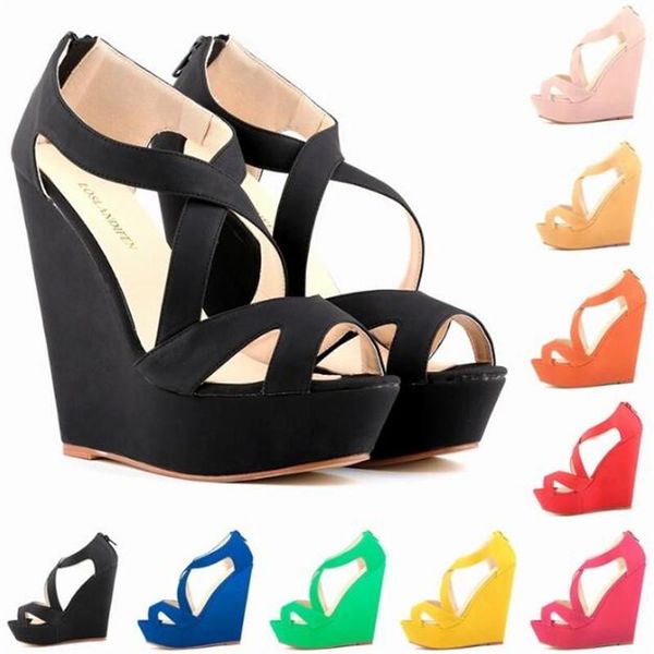 dress shoes gladiator women sandals summer office wedges high heels round toe flock 14cm slip on zip zapatos de mujer size 35-42, Black
dress shoes gladiator women sandals summer office wedges high heels round toe flock 14cm slip on zip zapatos de mujer size 35-42, Black