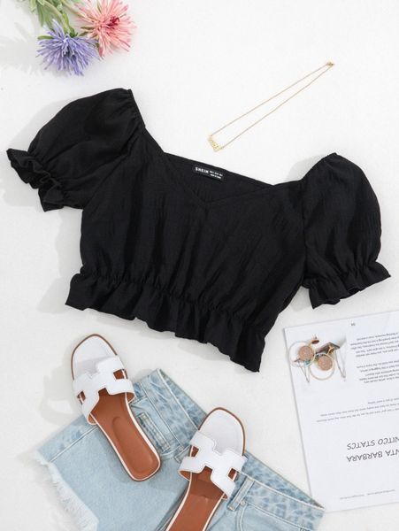 sweetheart neck ruffle hem crop blouse l8z6#, White