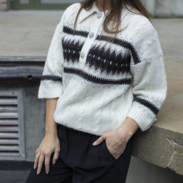 sweaters women stripes knitwear sweater turn-down collar three quarter sleeve jumper with crystal buckle, White;black
sweaters women stripes knitwear sweater turn-down collar three quarter sleeve jumper with crystal buckle, White;black