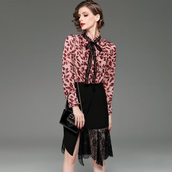 two piece dress women's runway twinsets stand collar long sleeves printed shirt with asymetrical lace skirt set suit, White
two piece dress women's runway twinsets stand collar long sleeves printed shirt with asymetrical lace skirt set suit, White