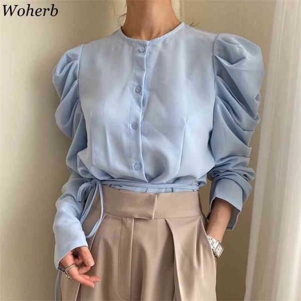 korean chic shirts women lace up see through puff sleeve pleated blouse elegant female o neck long blusas 210519, White
korean chic shirts women lace up see through puff sleeve pleated blouse elegant female o neck long blusas 210519, White