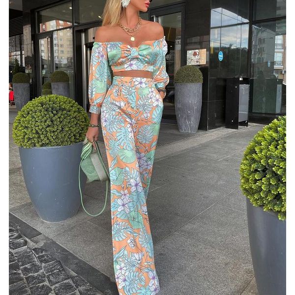 women's two piece pants fashion printed summer suits women elegant slash neck short suit wide leg trousers ladies, White
women's two piece pants fashion printed summer suits women elegant slash neck short suit wide leg trousers ladies, White