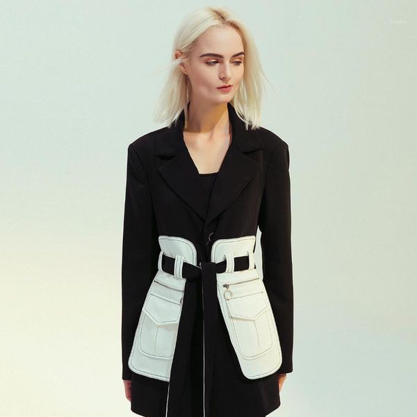 women's suits & blazers retro black white patchwork sashes wrap waist women suit blazer medium long chic big pockets jacket, White;black
women's suits & blazers retro black white patchwork sashes wrap waist women suit blazer medium long chic big pockets jacket, White;black