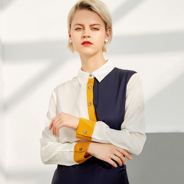 100% silk women's shirt turn down collar color block long sleeves fashion casual blouse, White
100% silk women's shirt turn down collar color block long sleeves fashion casual blouse, White