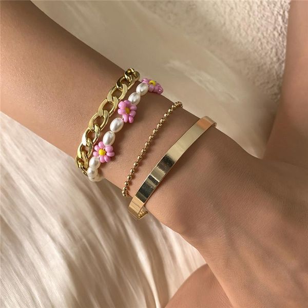 link, chain 4pcs/set ethnic pearl pink flower bead bracelet set for women girl metal gold color geometric charming bangles party jewelry, Black
link, chain 4pcs/set ethnic pearl pink flower bead bracelet set for women girl metal gold color geometric charming bangles party jewelry, Black
