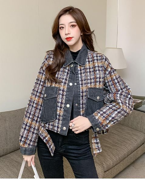 women's jackets vintage tide spring autumn denim patchwork houndstooth long sleeved small fragrant wind female lapel streetwear coat, Black;brown
women's jackets vintage tide spring autumn denim patchwork houndstooth long sleeved small fragrant wind female lapel streetwear coat, Black;brown