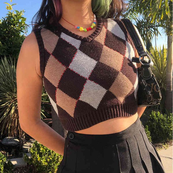 vintage brown y2k argyle women's sleeveless fall sweater vest casual preppy cut-off chess style 90s mesh, White;black
vintage brown y2k argyle women's sleeveless fall sweater vest casual preppy cut-off chess style 90s mesh, White;black