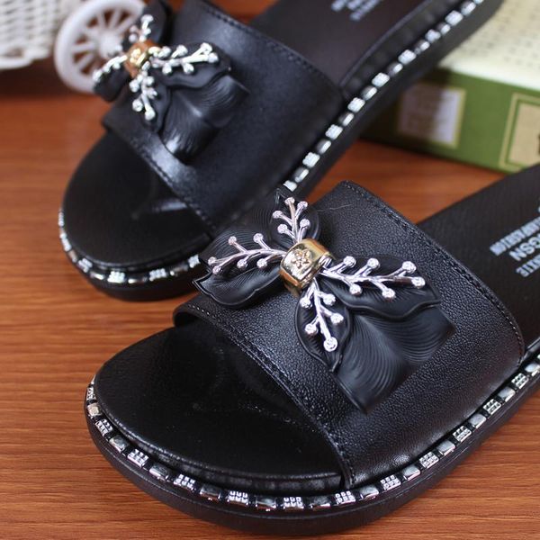 slippers women's outdoor 2021 summer bow flat bottom with thick wear non-slip ladies sandals and, Black