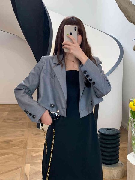 spring short blazer women england style jacket feminino femme long sleeve suite gray white black 210510
spring short blazer women england style jacket feminino femme long sleeve suite gray white black 210510