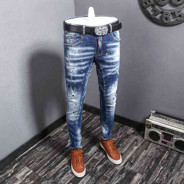 men's jeans fashion streetwear men retro blue elastic slim fit ripped cotton denim pants hombre painted designer hip hop long trou
men's jeans fashion streetwear men retro blue elastic slim fit ripped cotton denim pants hombre painted designer hip hop long trou