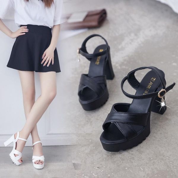 sandals women fish mouth platform high heels wedges buckle slope, Black