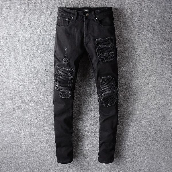 fashion men's long slim black jeans desiger patchworl ripped hole demin trousers streetwear pants for men, Blue
fashion men's long slim black jeans desiger patchworl ripped hole demin trousers streetwear pants for men, Blue