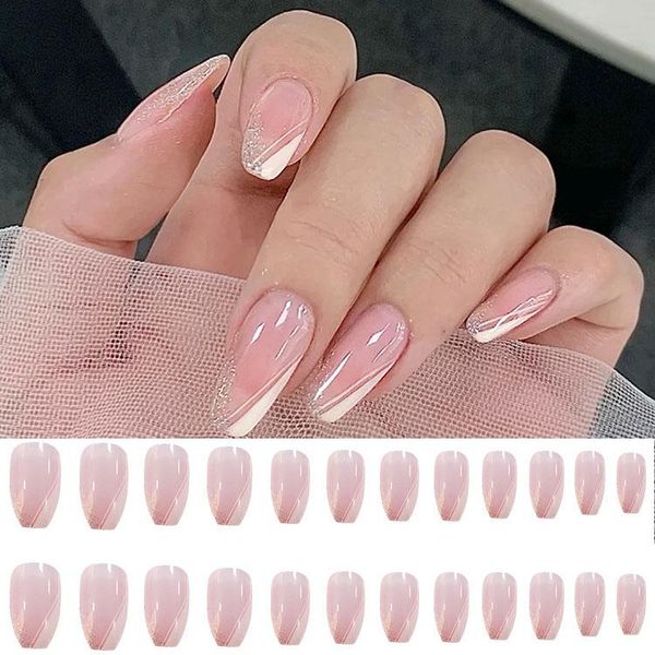 false nails 24pcs/set white gradient fake full cover nail art tips manicure square with glue acrylic, Red;gold