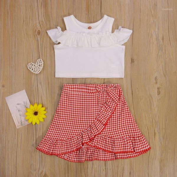 2pcs kids summer outfit solid color o-neck off-shoulder flounce plaid ruffled short skirt for little girls clothing sets, White
2pcs kids summer outfit solid color o-neck off-shoulder flounce plaid ruffled short skirt for little girls clothing sets, White