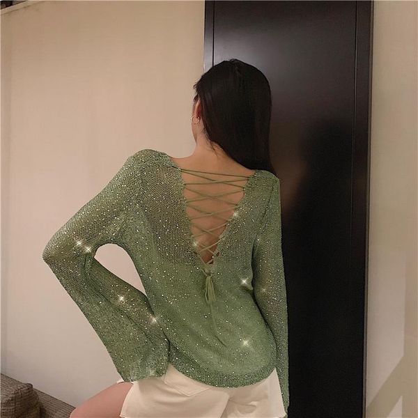 women's sweaters long sleeve thin knitted spring summer clothing fashion back hollow out cross lace up sequins bling loose, White;black
women's sweaters long sleeve thin knitted spring summer clothing fashion back hollow out cross lace up sequins bling loose, White;black