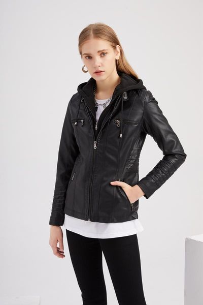 women's leather & faux removable hooded jackets long sleeve zipper closure moto biker coat spring and autumn outwear, Black
women's leather & faux removable hooded jackets long sleeve zipper closure moto biker coat spring and autumn outwear, Black