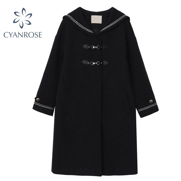 dark vintage winter woolen coat women sailor collar two chic button korean preppy style jacket trench female loose overcoat lady 210417, Black
dark vintage winter woolen coat women sailor collar two chic button korean preppy style jacket trench female loose overcoat lady 210417, Black