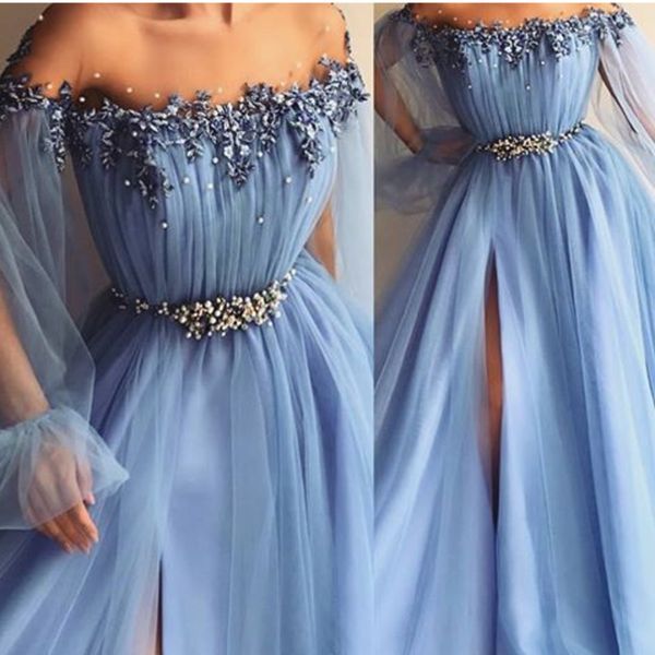 fairy sky blue prom dresses appliques pearl a line jewel poet long sleeves formal evening gowns front split plus size vestidos, Black
fairy sky blue prom dresses appliques pearl a line jewel poet long sleeves formal evening gowns front split plus size vestidos, Black