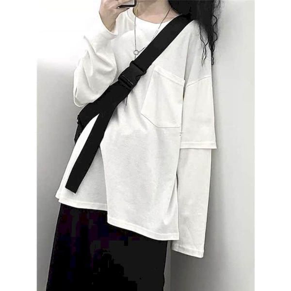women's t-shirt long-sleeved women spring autumn pockets fake two pieces inner bottoming shirt korean students wear loose ins, White
women's t-shirt long-sleeved women spring autumn pockets fake two pieces inner bottoming shirt korean students wear loose ins, White