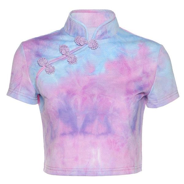 women's t-shirt french retro style stand-up collar and beveled edge buttoned tie-dye short-sleeved short slim clothes, White
women's t-shirt french retro style stand-up collar and beveled edge buttoned tie-dye short-sleeved short slim clothes, White