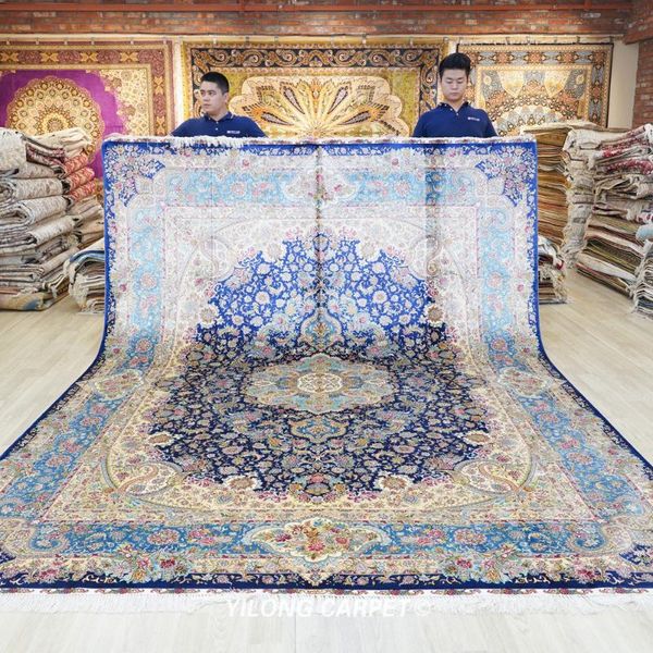 carpets 9'x12' antique classic rug large blue medallion persian silk carpet (zqg622a)