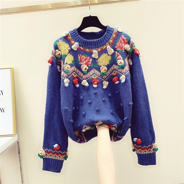 women's sweaters retro round neck sweater loose three-dimensional flower knitwear shirt female jacquard winter thickened womans, White;black
women's sweaters retro round neck sweater loose three-dimensional flower knitwear shirt female jacquard winter thickened womans, White;black