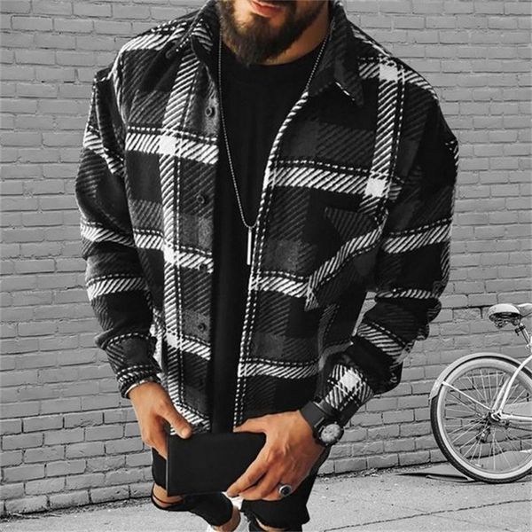 men's casual shirts spring and autumn color matching plaid printed shirt cardigan lapel long sleeve fashion coat personality, White;black
men's casual shirts spring and autumn color matching plaid printed shirt cardigan lapel long sleeve fashion coat personality, White;black