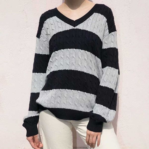 women's sweaters vintage gray striped knitted sweater women autumn winter v neck pullovers knitwear retro streetwear oversize xzvs, White;black
women's sweaters vintage gray striped knitted sweater women autumn winter v neck pullovers knitwear retro streetwear oversize xzvs, White;black